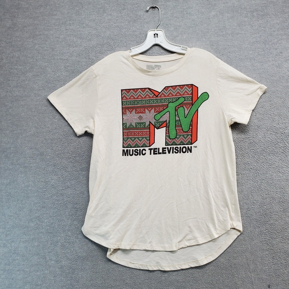 MTV Junior Top XL White Shirt Logo Music Television Fair Isle Graphic Tee
